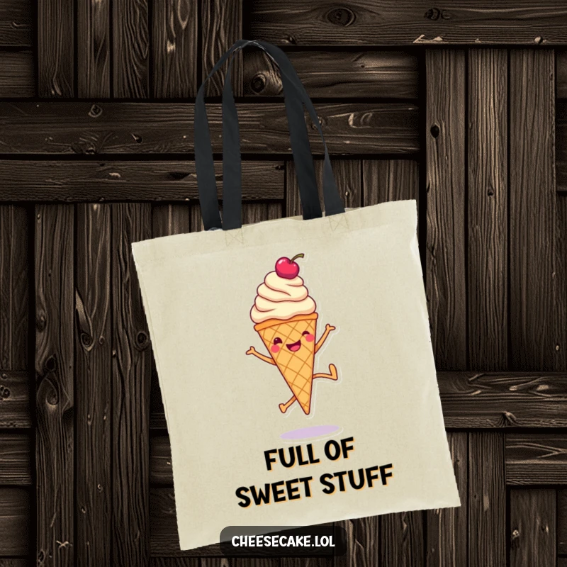 Funny tote bag with a smiling ice cream cone doing a cartwheel, showcasing a sweet and playful design.