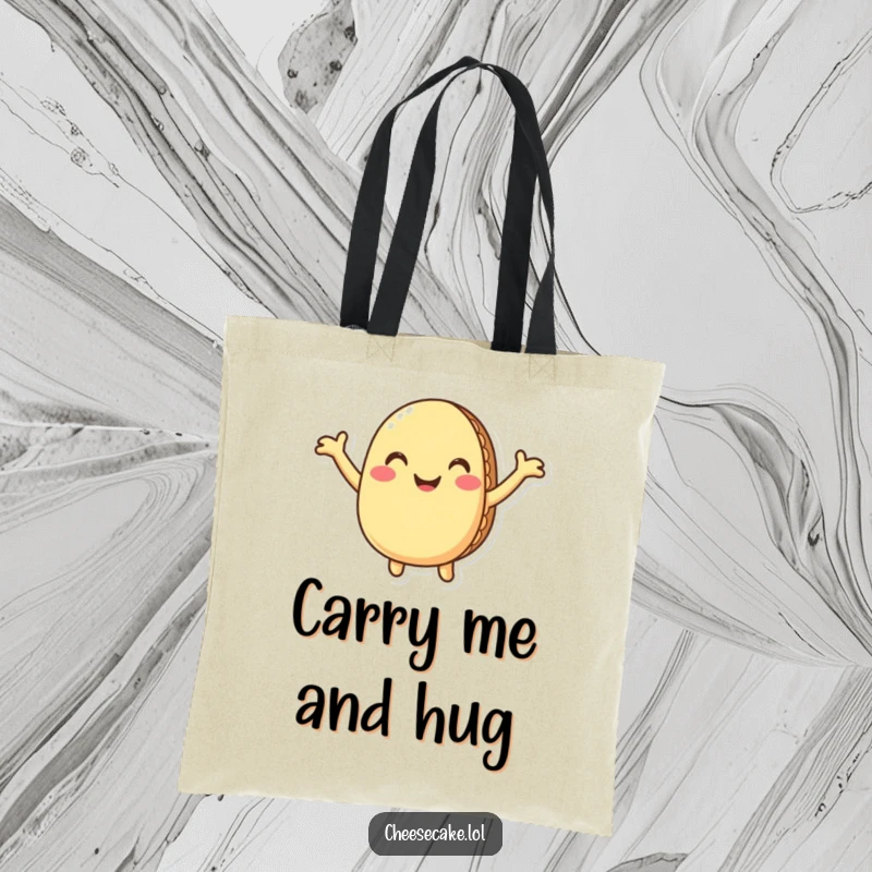 Funny macaron tote bag with a smiling macaron character extending its arms for a delightful and humorous hug, perfect for shopping.