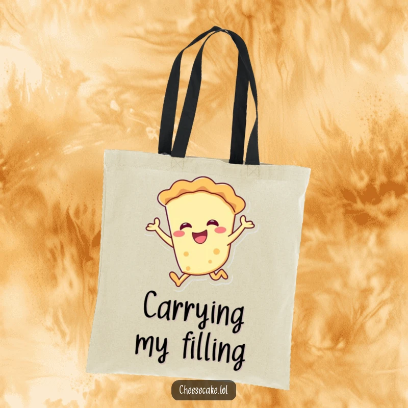 Funny smiling pie character in a joyful leap on a tote bag, perfect for shoppers and bakers.