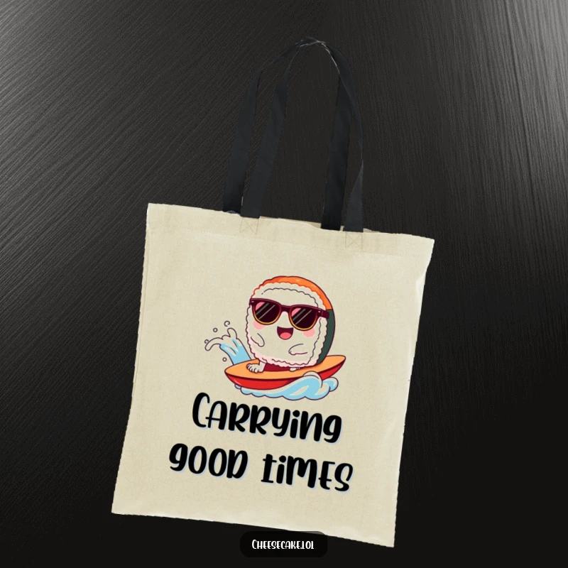 Funny sushi tote bag with a happy sushi piece in sunglasses riding a wave, ready for adventure.