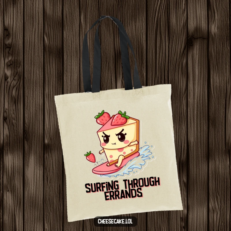 Funny Tote Bag with a determined cheesecake character surfing a strawberry wave, ideal for carrying essentials in sweet style.