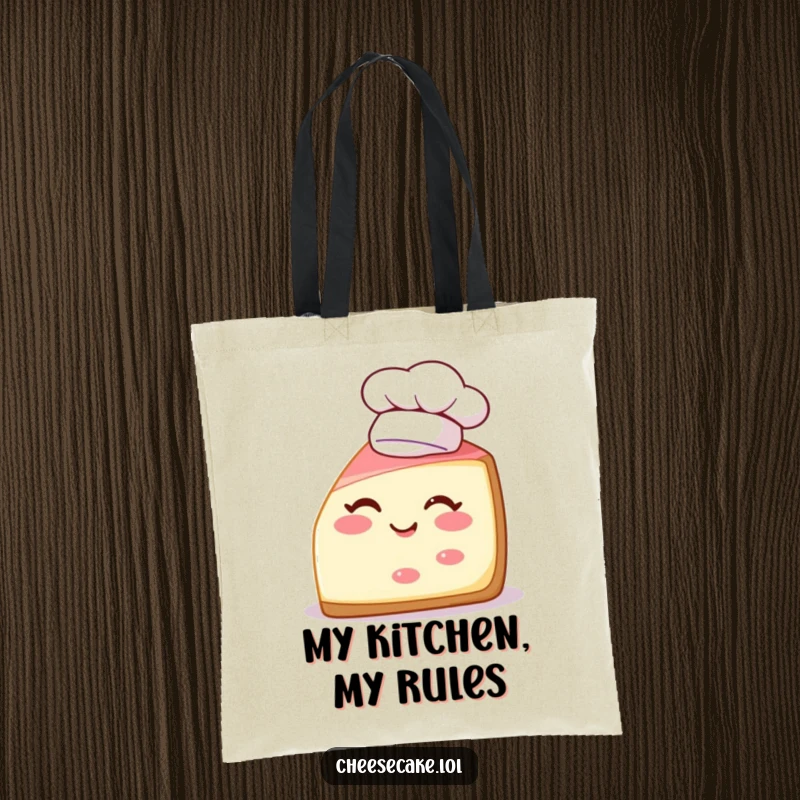 Funny tote bag featuring a winking cheesecake slice wearing a chef hat, ideal for carrying groceries with a smile.