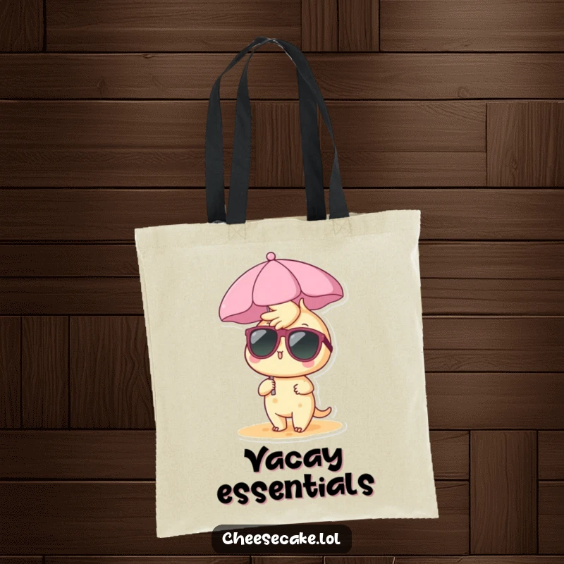 Funny cheesecake tote bag featuring a sunglasses-wearing cheesecake character under a tiny beach umbrella, perfect for summer errands.